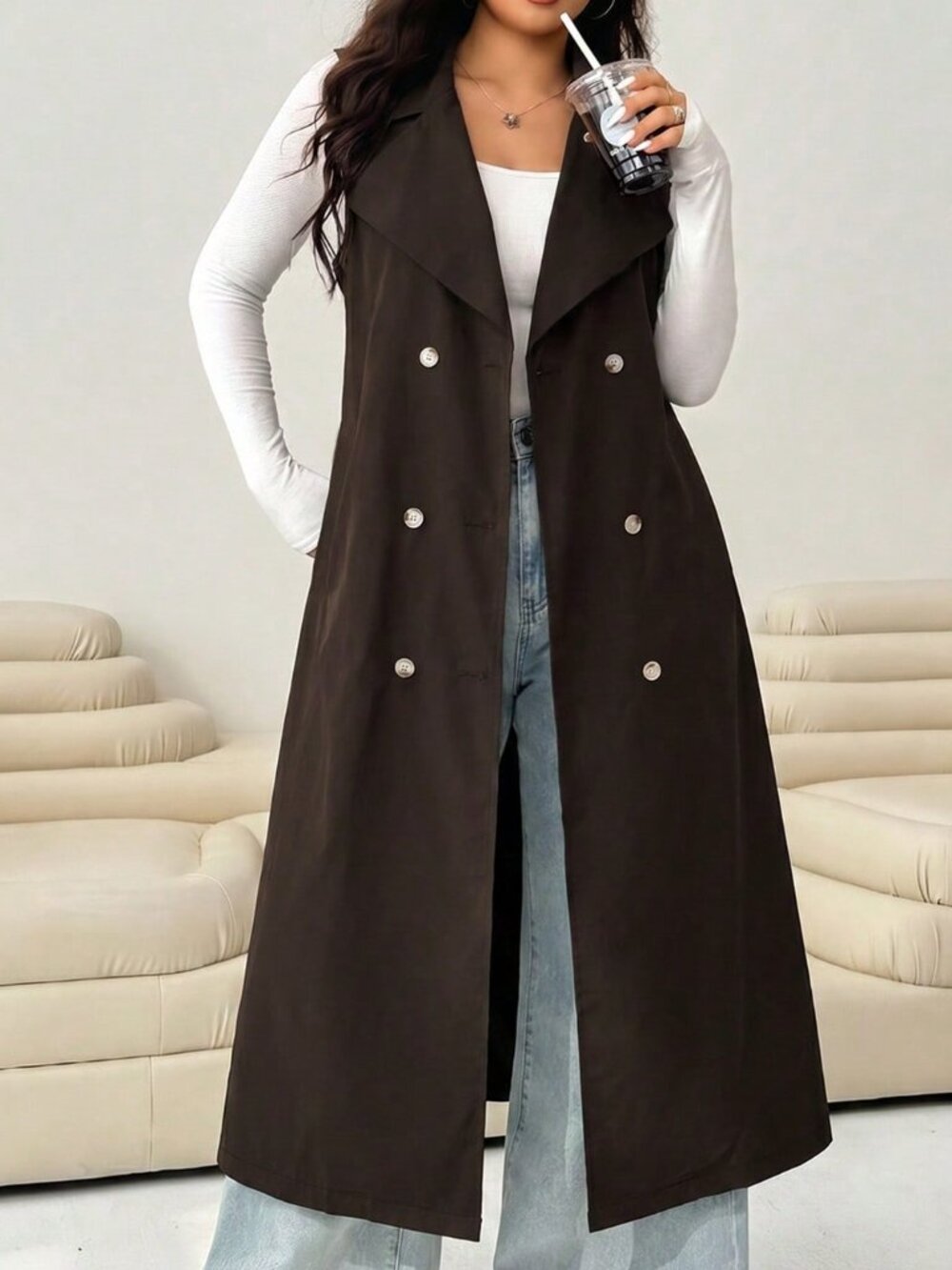 Chocolate Brown Elegant Women's Double-Breasted Sleeveless Tie-Front Trench Coat